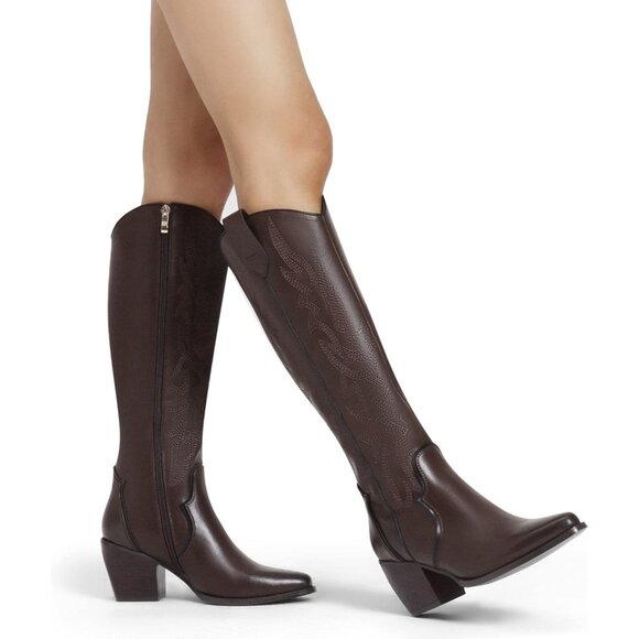 DREAM PAIRS Womens Brown  Cowboy Boots Wide Calf Knee High Boots Ladies - Picture 7 of 8